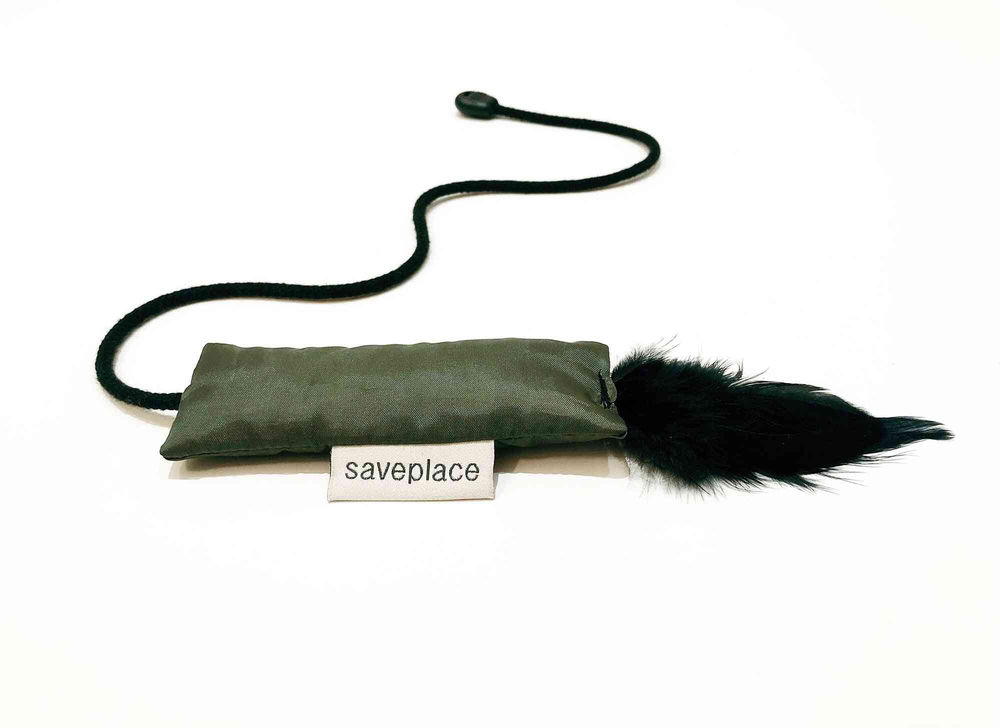 Squeaky Cat Toy With String & Black Feathers