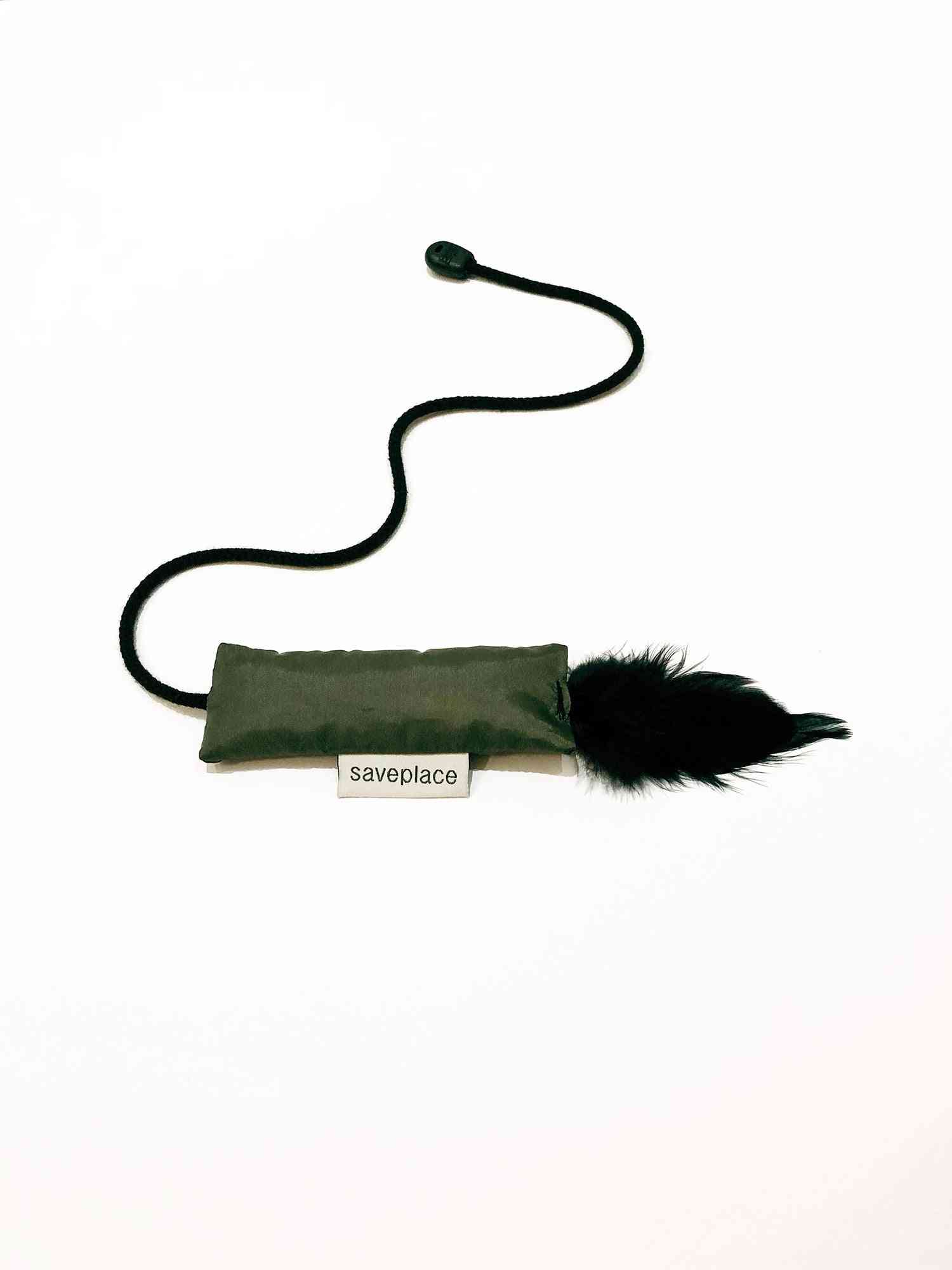 Squeaky Cat Toy With String & Black Feathers