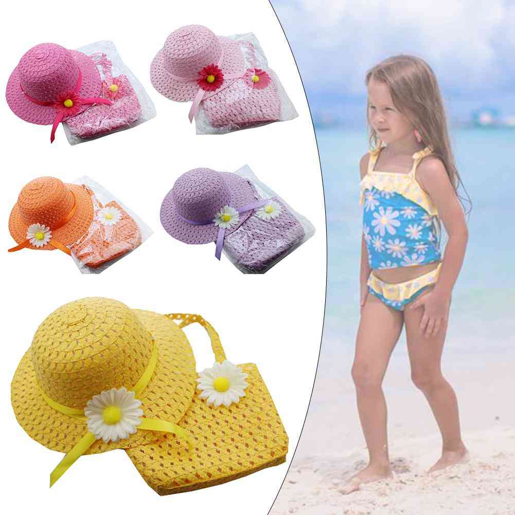 Kid Flower Sun Pattern, Straw Hat With Handbag