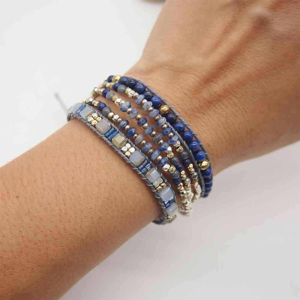 Sodalite Lapis Lazuli Triple Strands 5 Wraps Bohemian Beadwork Bracelet