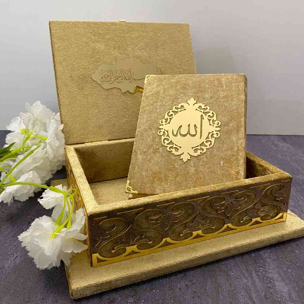 Holy Quran Prayer Book Velvet Covered Set With Mirror Tag