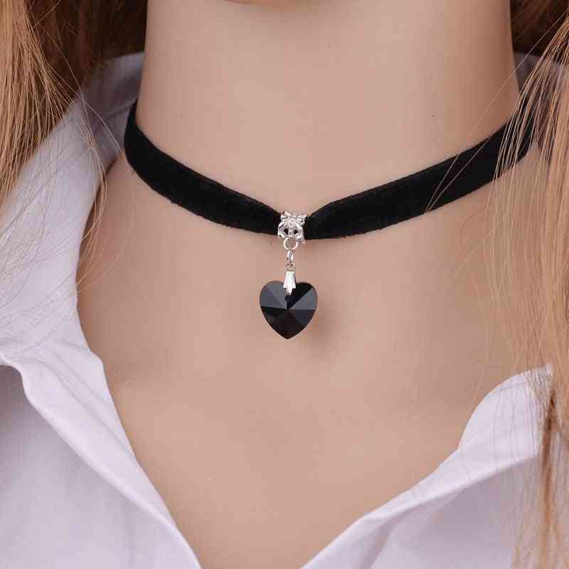 Women Velvet Choker Heart Crystal Pendant Necklaces