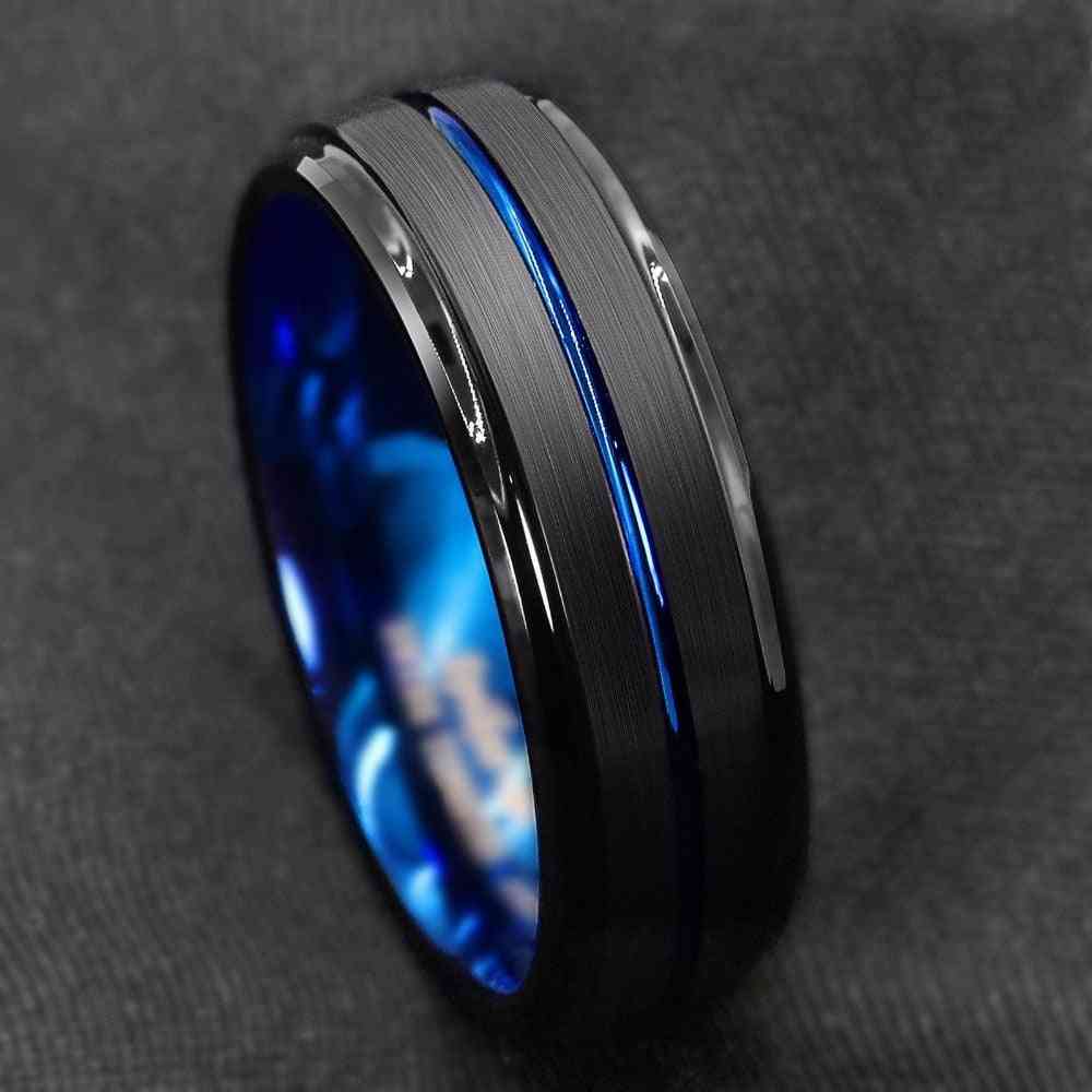 Stainless Steel- Titanium Groove, Inside Blue-face, Ring