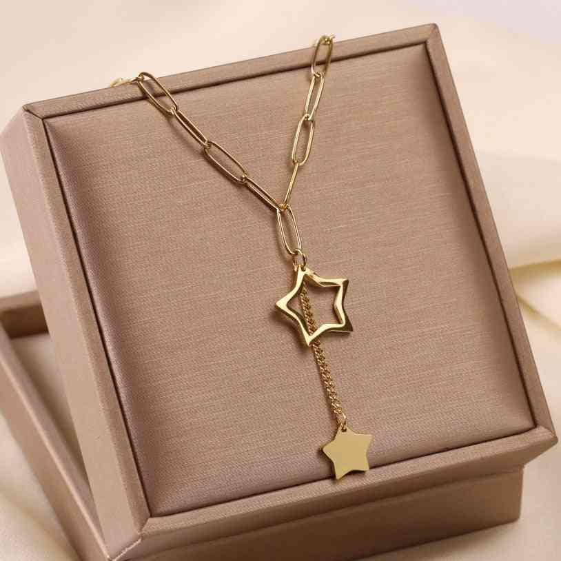 Stainless Steel Fine Jewelry, Hollow Double Stars Tassel, Charms, Thick Chain Choker Necklaces, Pendants