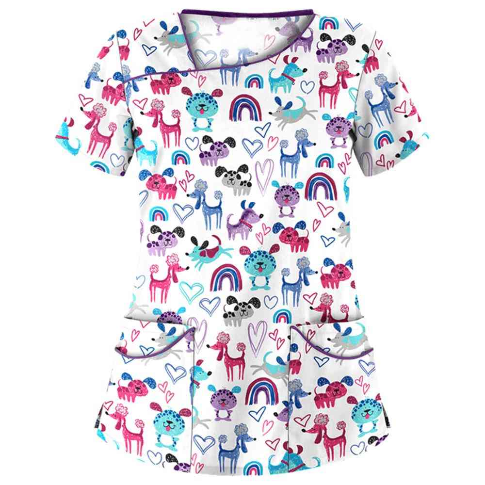 Women Cute Cartoon Print Nursing Scrubs Tops T Shirt