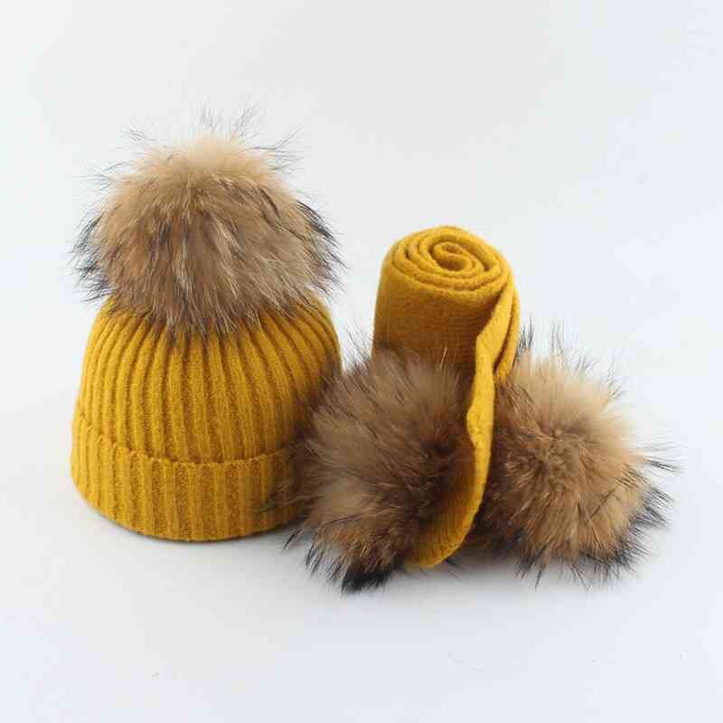 Winter Warm- Wool Knitted Beanie, Fur Hat And Scarf Set For,