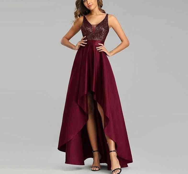 Asymmetrical Spaghetti Strap Sleeveless Sequined Satin Party Gowns