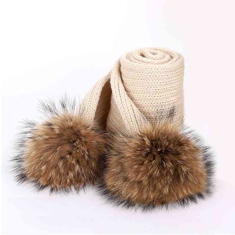 Raccoon Fur- Pompom Warm, Knitted Scarves For,