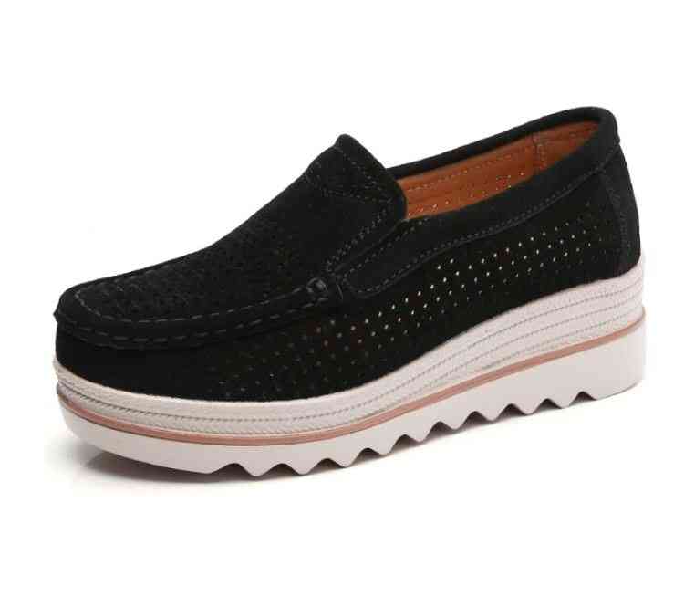 Women Flats Suede Genuine Leather Loafers - Black Hollow