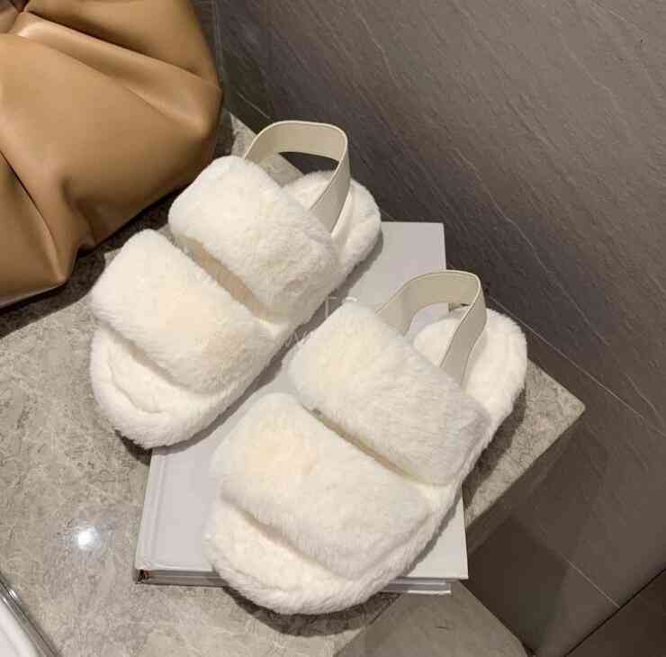 Women Faux Fur Sliders Indoor Slippers - White