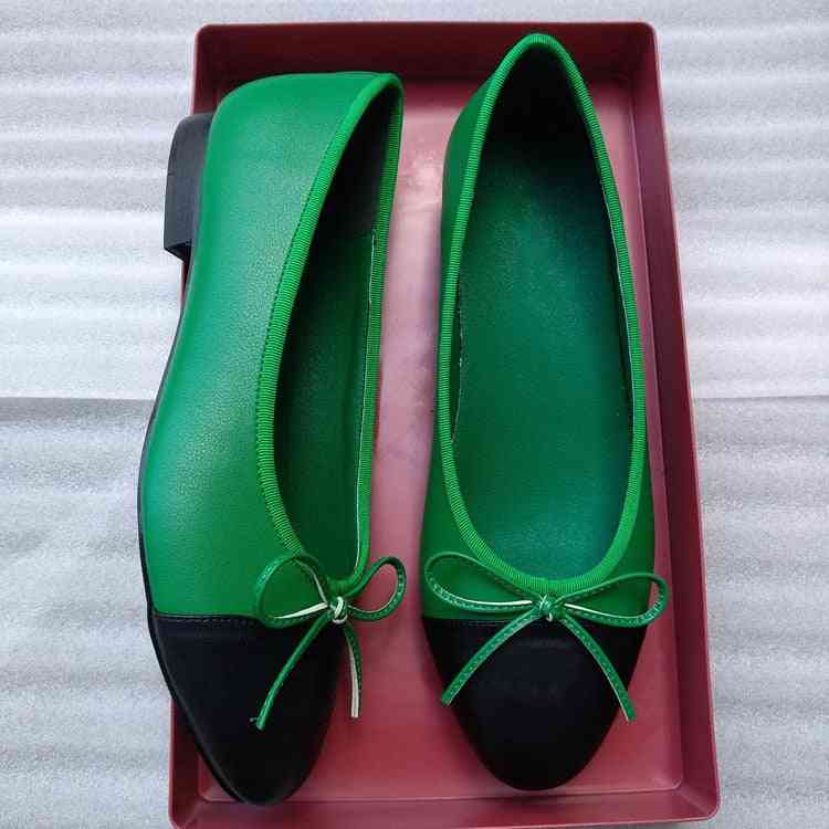 Läder läder tweed duk tvåfärgad skarv båge runda balettskor - grön svart