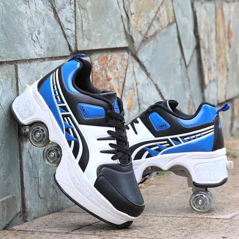 Leather 4 Wheels Double Line Roller Skates Shoes - Black And Blue