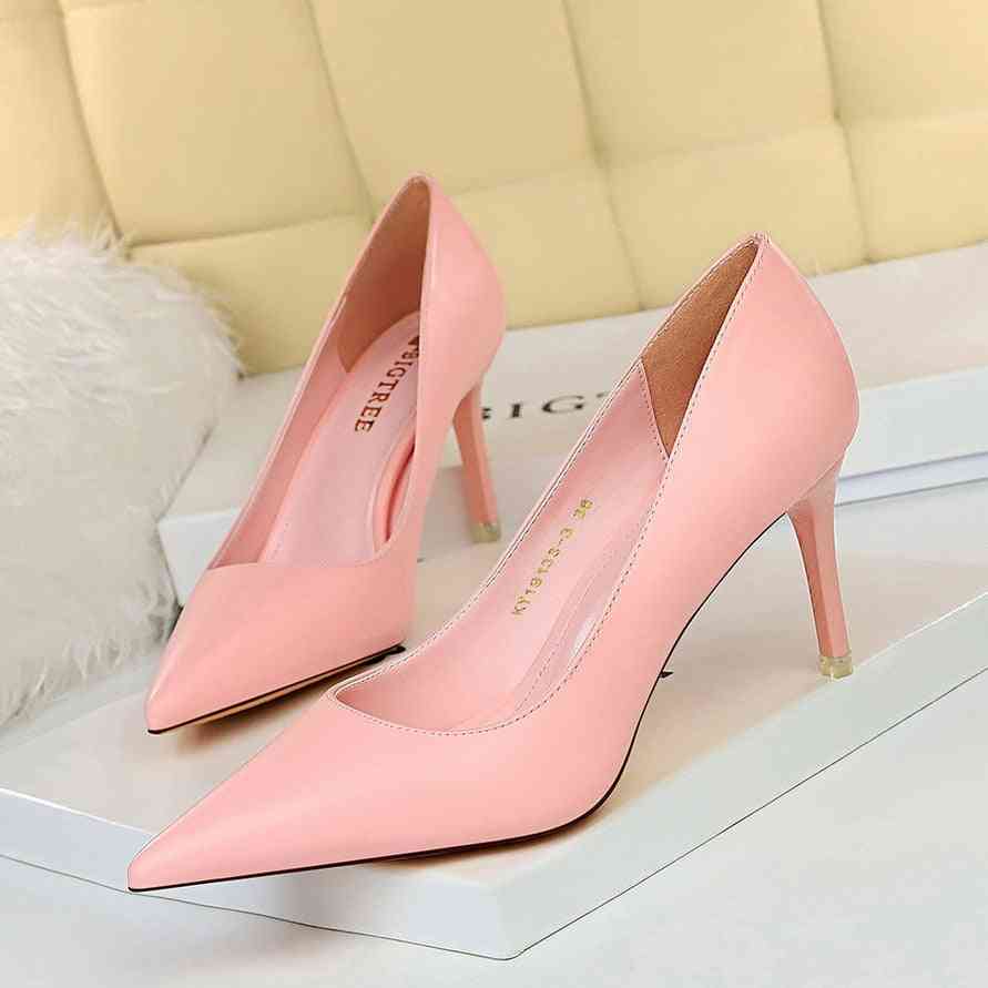 Woman Leather High Heels Pointed Party Shoes - Pink 7.5cm