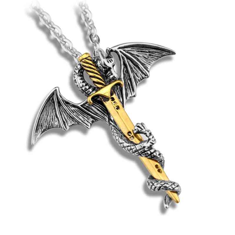 Stainless Steel- Luminous Pterosaur Sword, Dragon Punk Pendant
