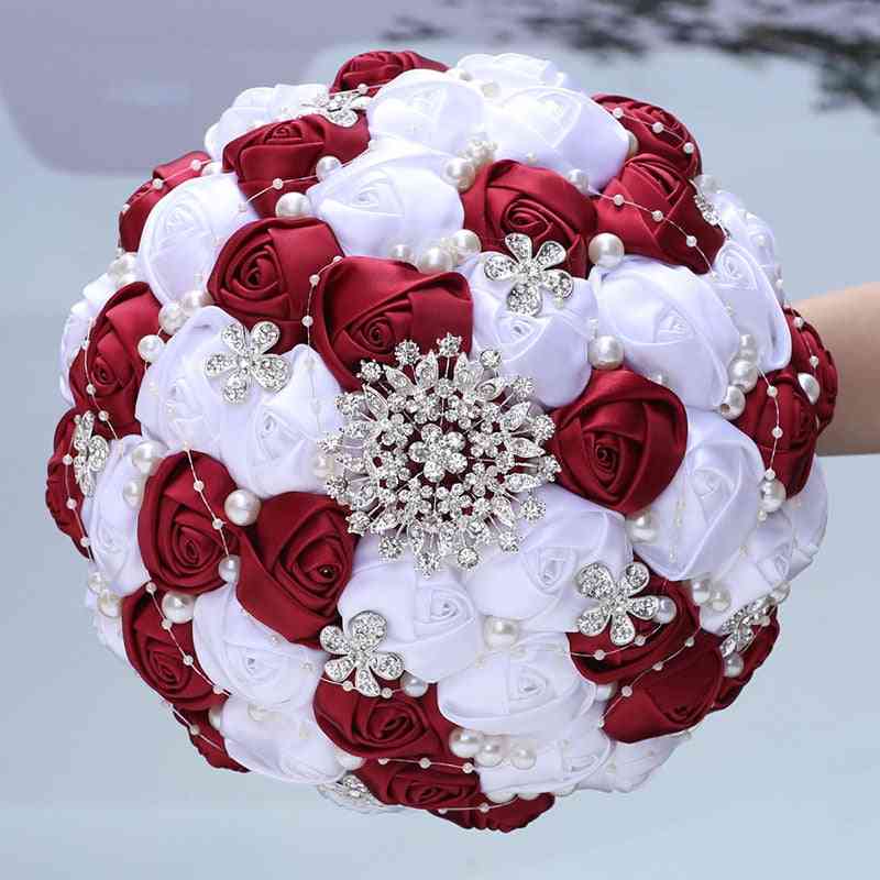 Handmade Ribbon Wedding Rose Flowers Rhinestone Bridal Bouquets