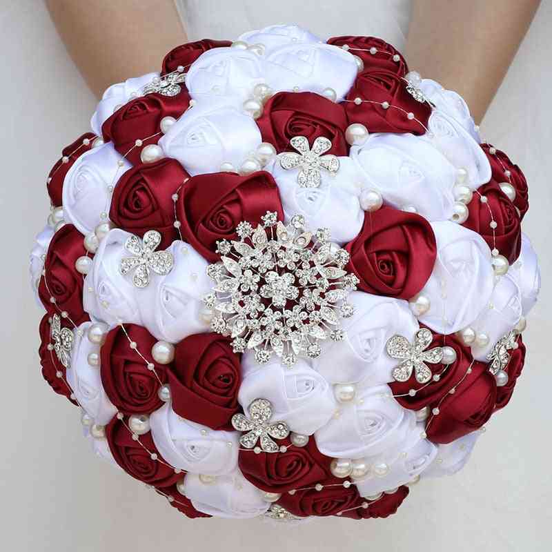 Handmade Ribbon Wedding Rose Flowers Rhinestone Bridal Bouquets
