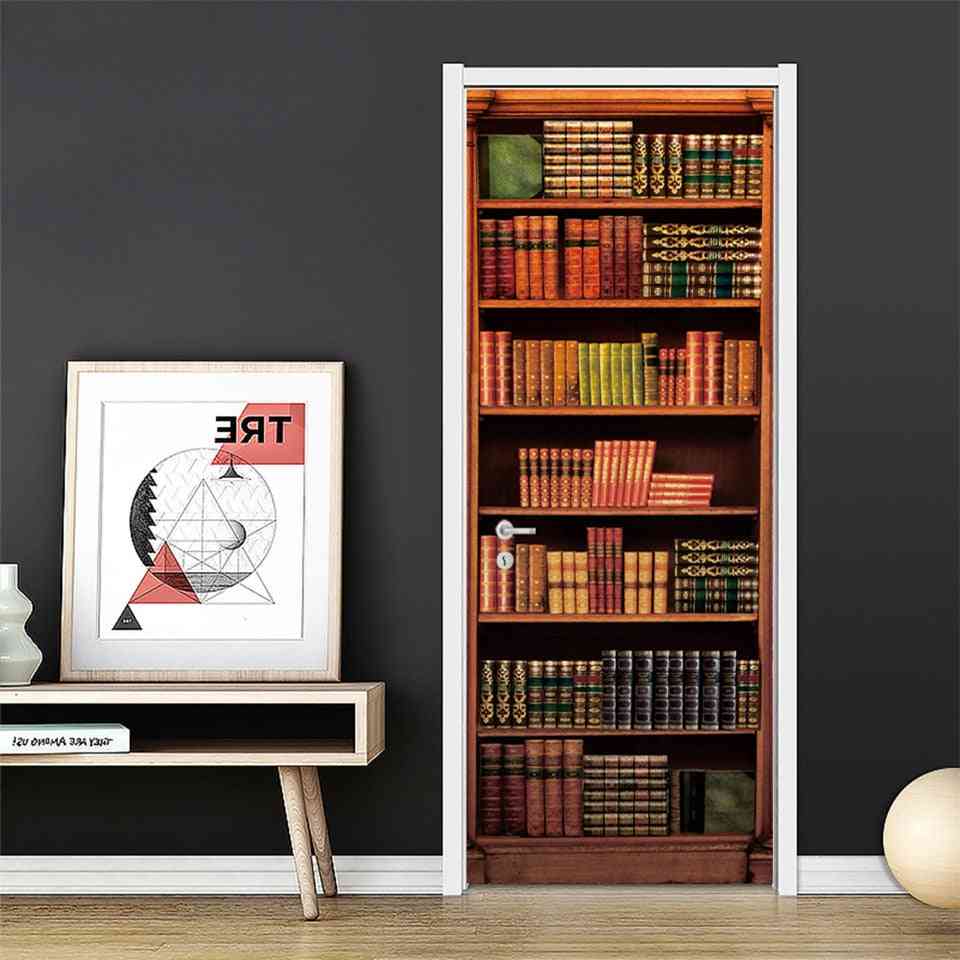 3d Door Wallpaper Pvc Library Bookshelf Wall Sticker - Set 1