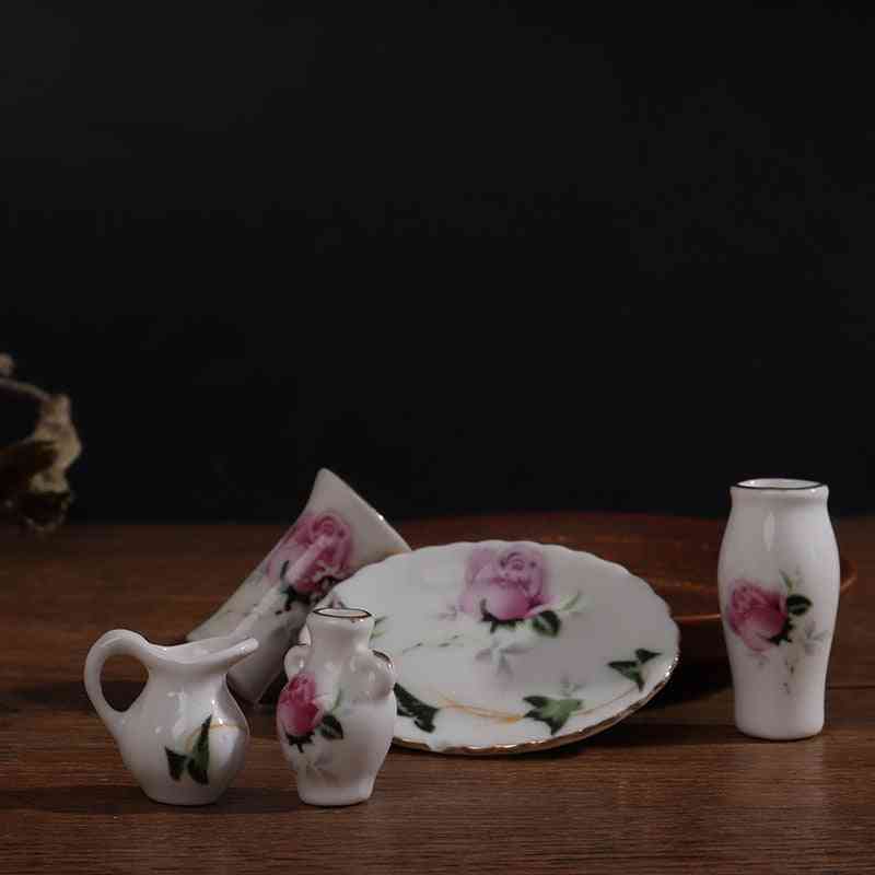 Red White Floral Pattern Mini Ceramic Vases Of Different Shapes Plate Dollhouse Miniatures Accessories