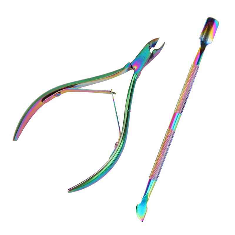 Nail Cuticle Nipper Double Spring Dead Skin Pusher, Holographic Titanium Nail Art