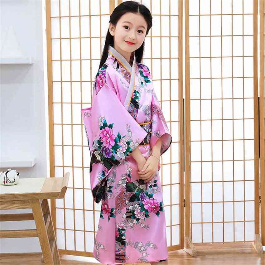 Traditional Japanese Style- Peacock Yukata Kimono, Dress Costume For Girl