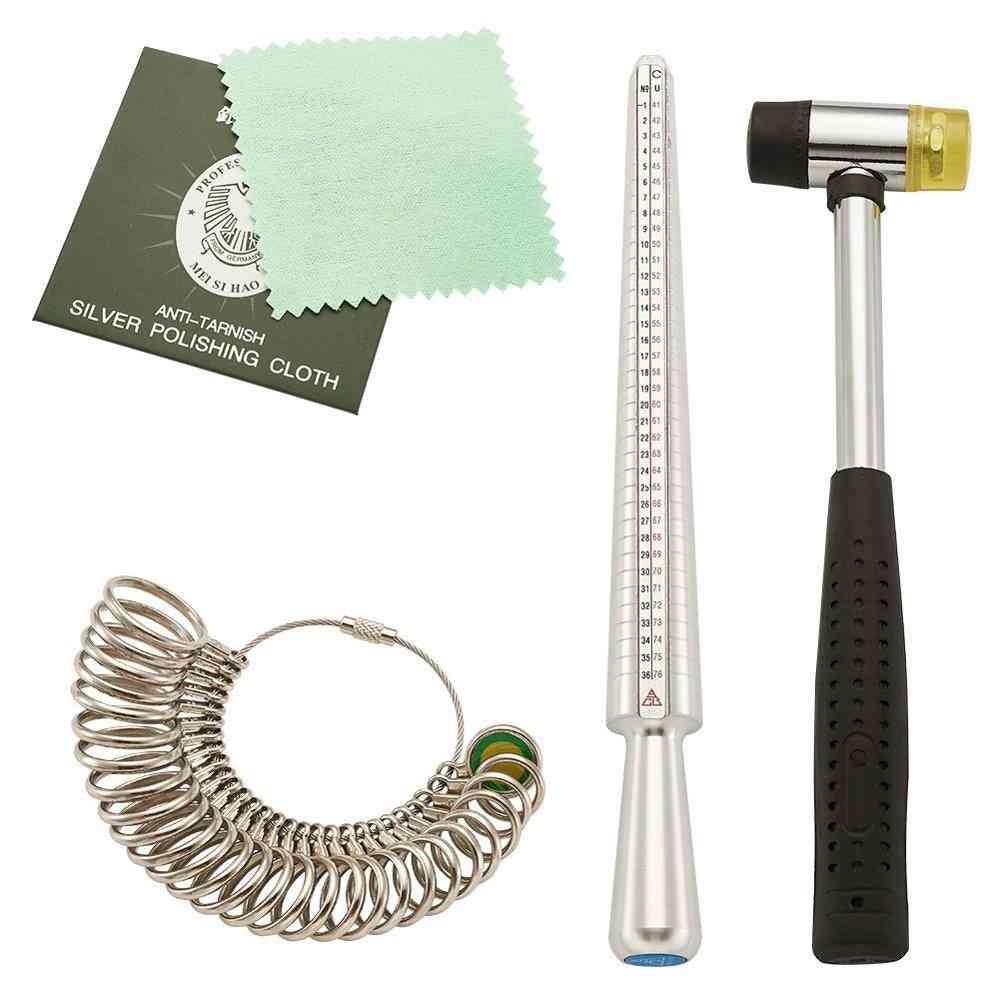 Jewelry Tool Sets - Ring Sizer Mandrel Stick, Finger Gauge Measuring Rubber, Hammers