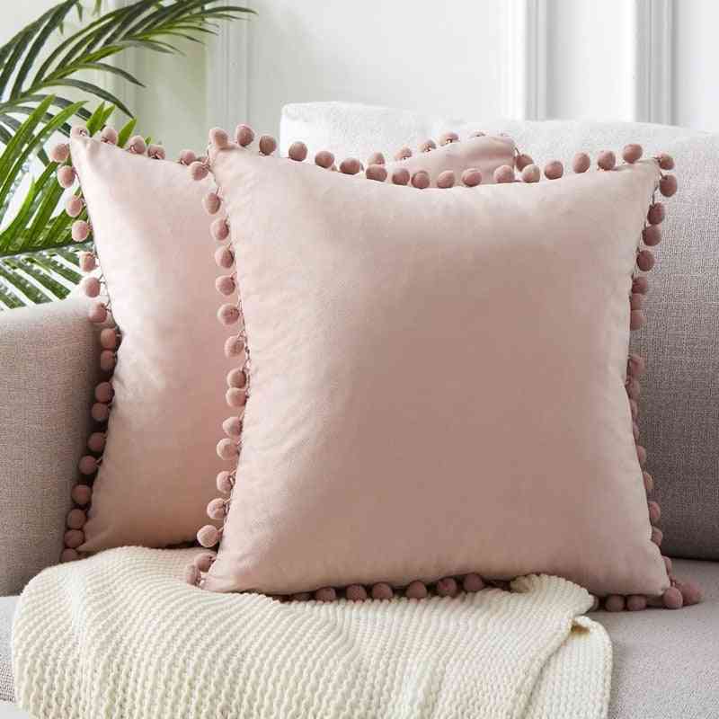 Solid Velvet- Decorative Pillows Case, Cushion Cover With Pompom Ball