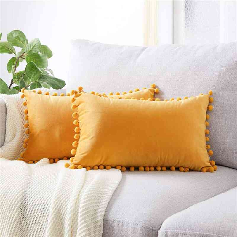 Solid Velvet- Decorative Pillows Case, Cushion Cover With Pompom Ball