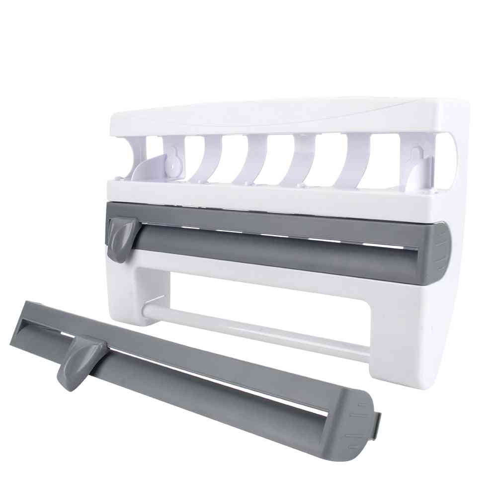 Wall-mount, 4 In 1 Cling Film Cutting, Paper Towel Holder/ Sauce Bottle Rack