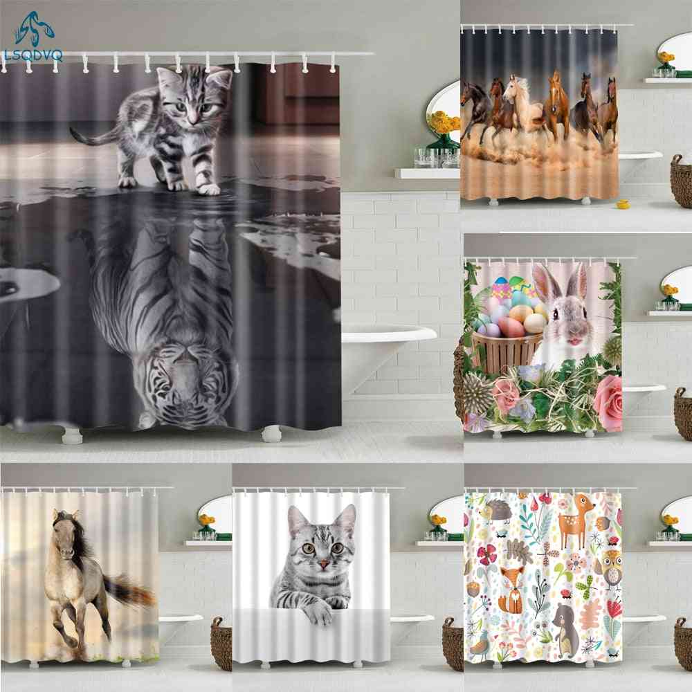 Lovely Animals Fabric Waterproof Polyester Shower Curtains With Hooks, Set-1