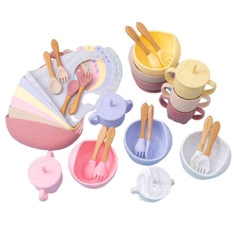 Silicone Feeding Bowl Bibs Cup Sets, Baby Waterproof Spoon