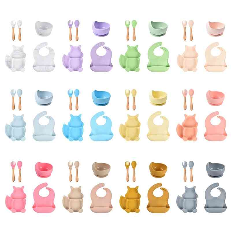 Silicone Bibs Squirrel Divided Dinner Plate Sucker Bowl Spoon Fork Set