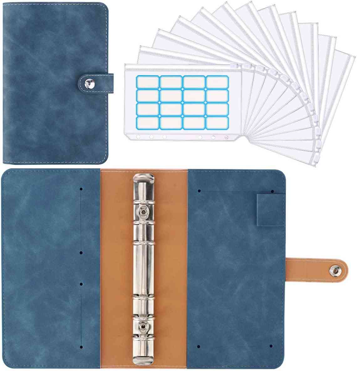 Pu Leather- Budget Planner, 6-round Rings Binder Cover & Plastic Envelopes