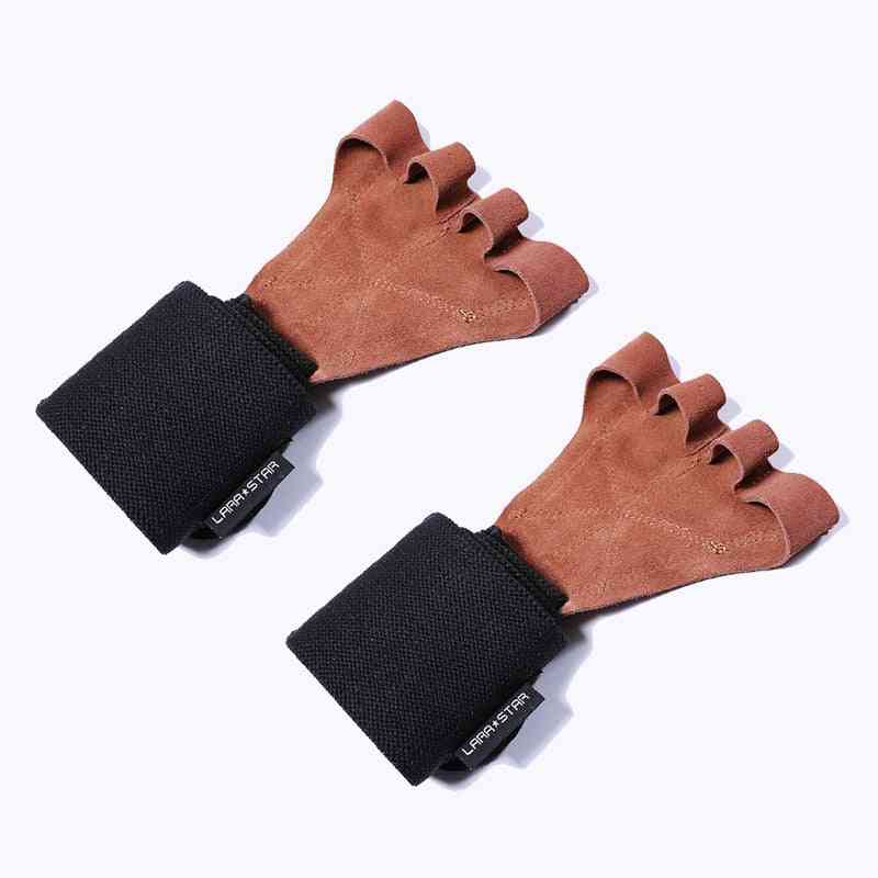 Leather Weight Lifting Gloves With Wrist Wraps Hand Grips