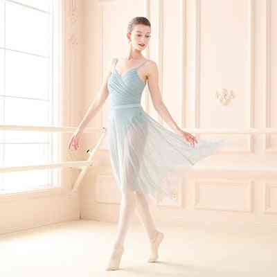 Women Dance Leotard Ballet Pleated V-neck Bodysuit Irregular Mesh Skirt