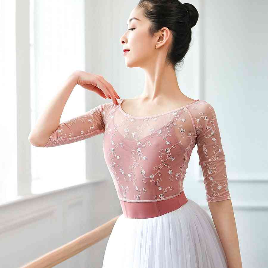 Women Crop Top Lace Dance Tops Embroidery Mesh Ballet T Shirt