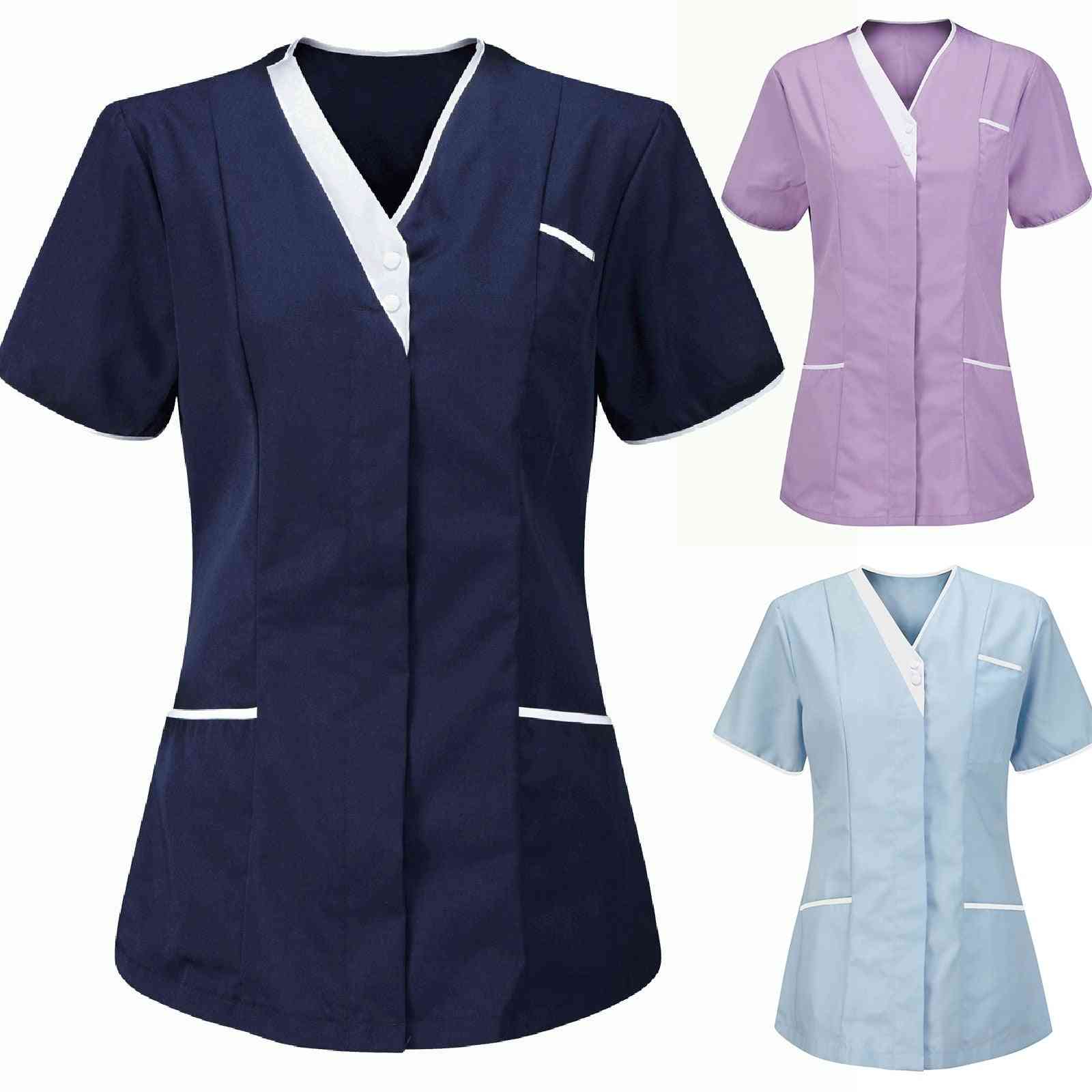 Dame-scrub top, lynlåsåbning, kortærmet bomuldsskjorte