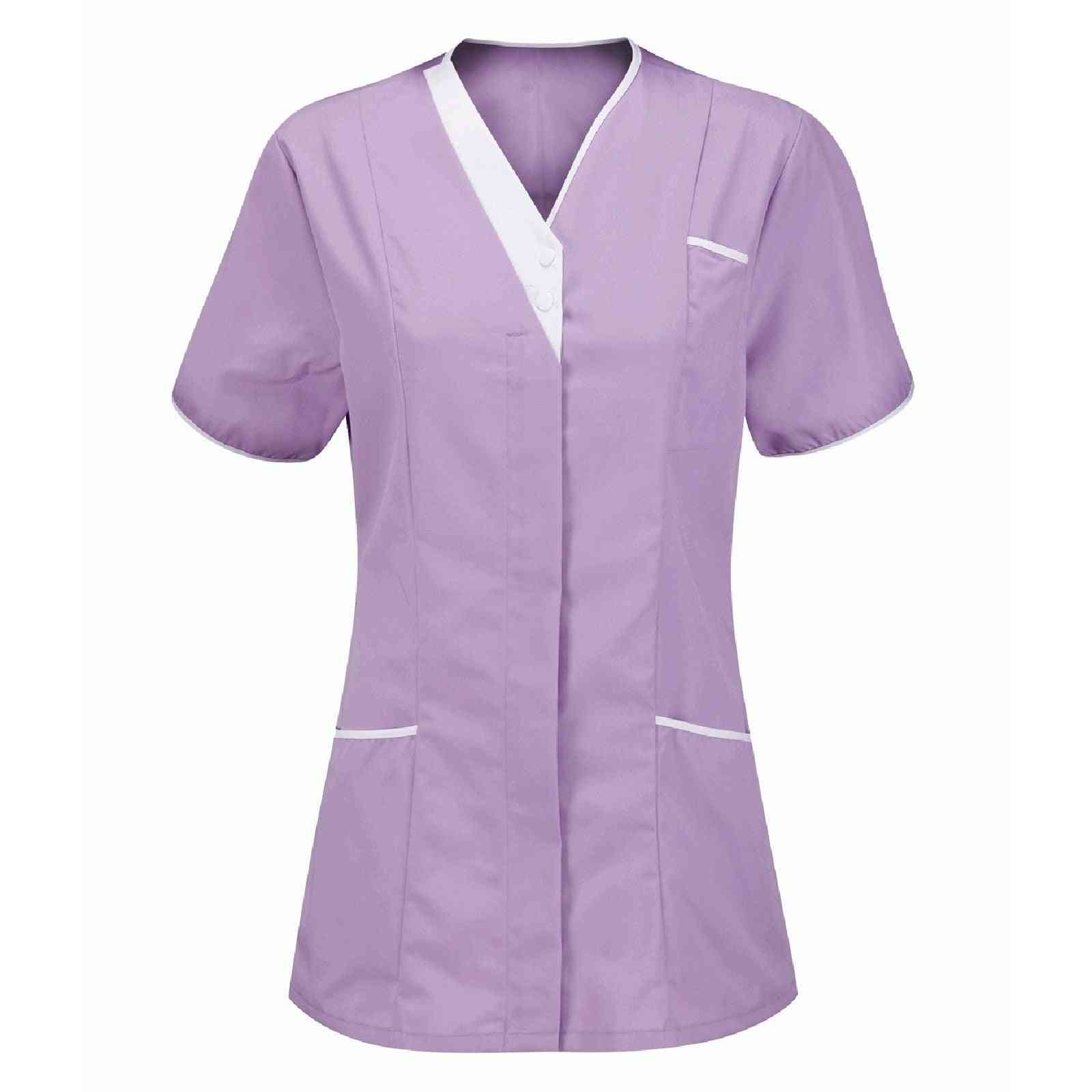 Women- Scrub Top, Zipper Opening, Short-sleeve Cotton Shirt