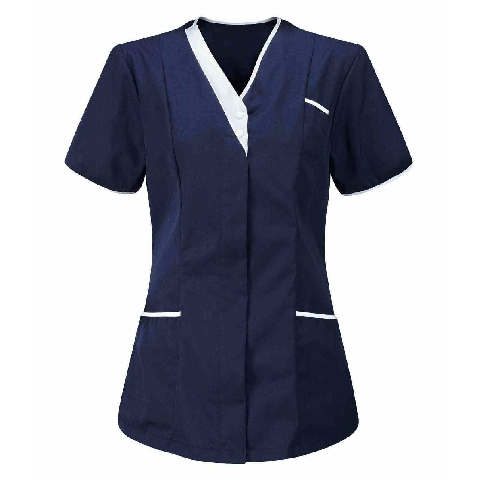 Women- Scrub Top, Zipper Opening, Short-sleeve Cotton Shirt