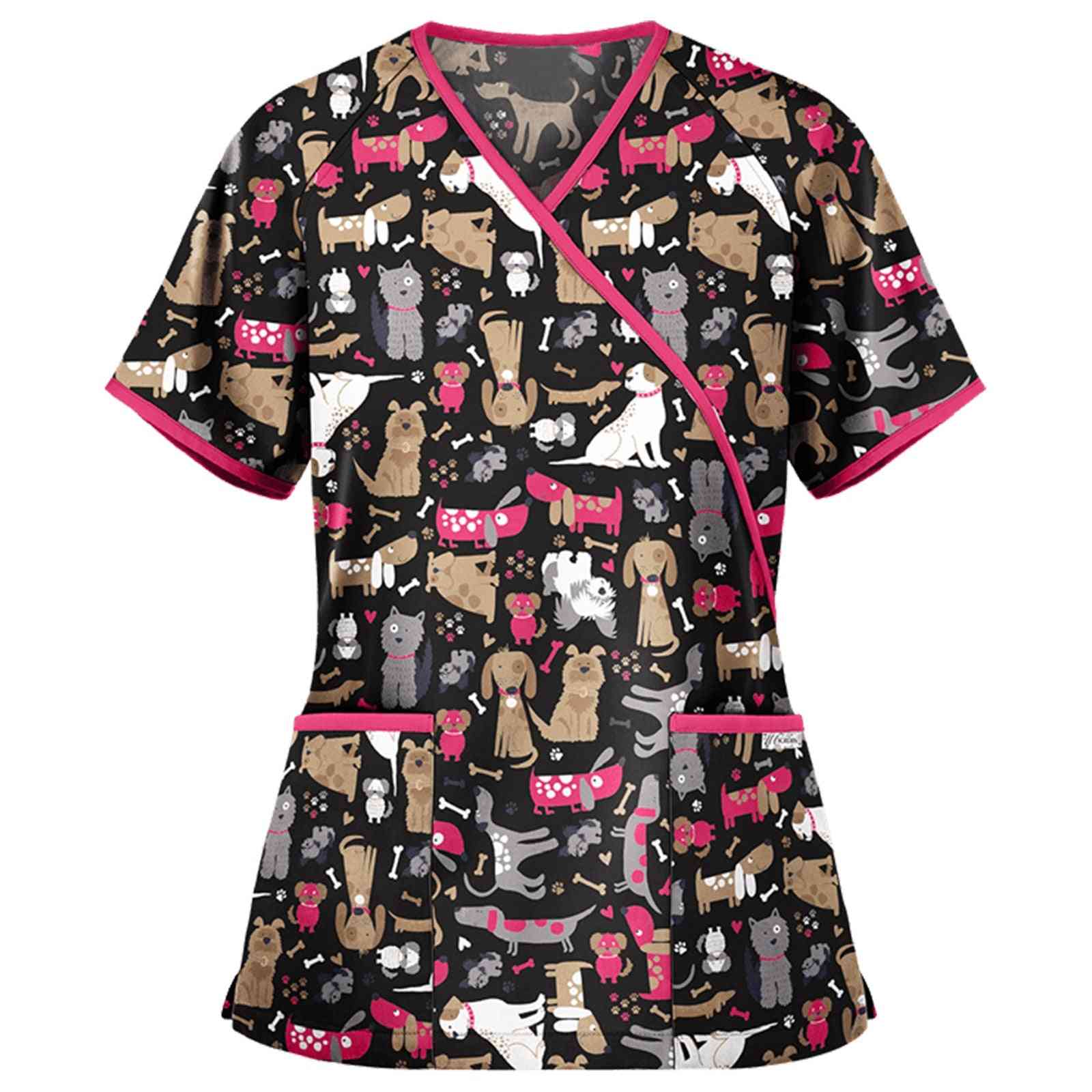 Animal Print- Short Sleeve, V-neck Pocket, Uniform Tops