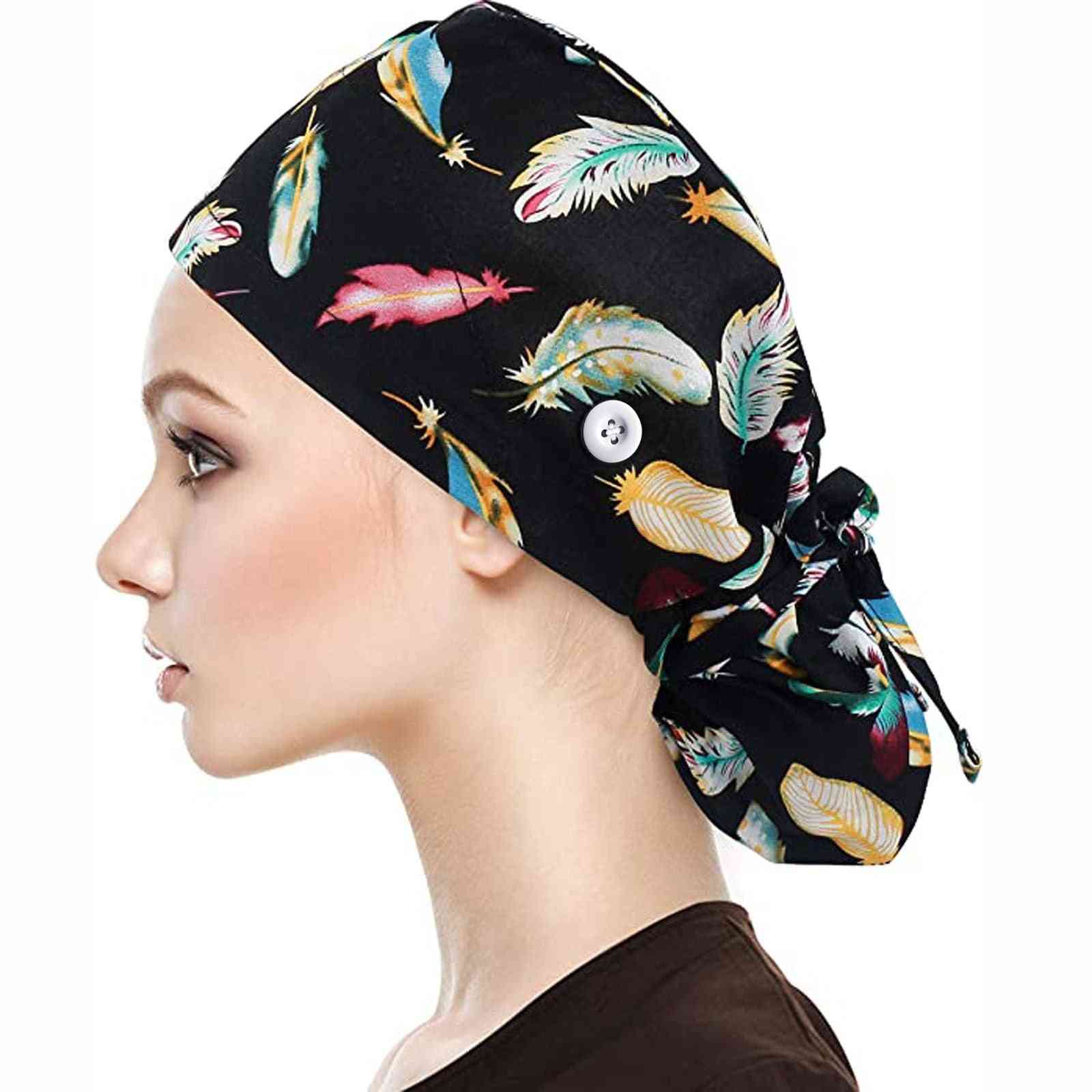 Women Fashion Cotton Nurse Hat Print Feather Cap