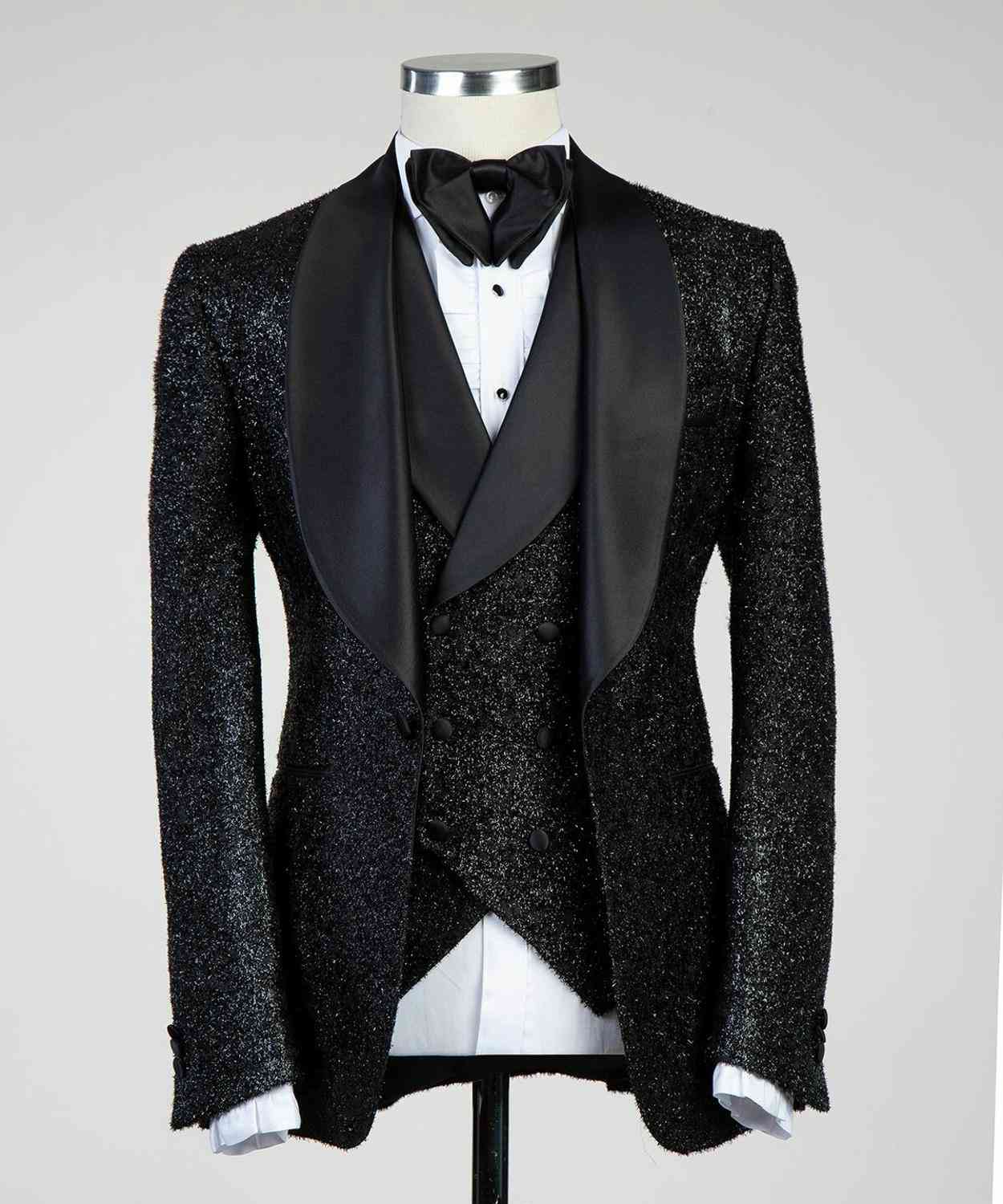Three Pieces Shawl Lapel Designer Wedding Tuxedos Mens Jacket Vest