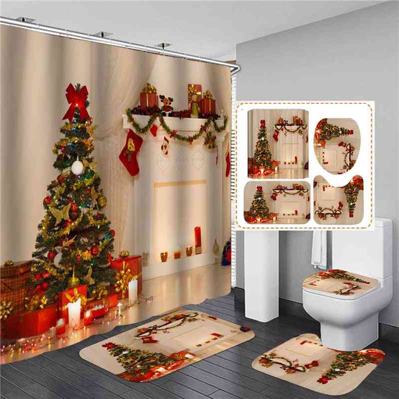Christmas Trees Printed, Shower Curtains With Anti-slip Mat For Bathroom