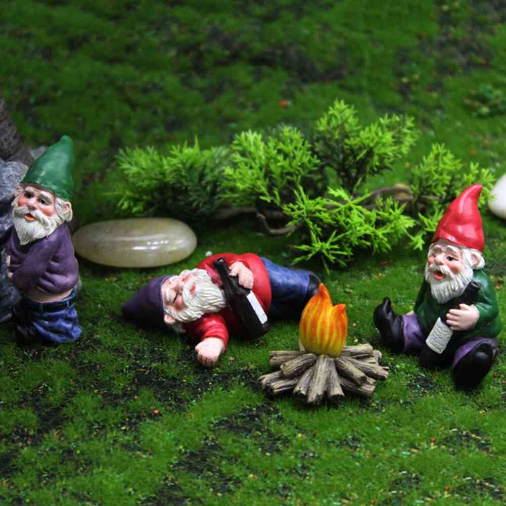 Fairy Garden Drunk Gnomes Miniature Ornaments Set