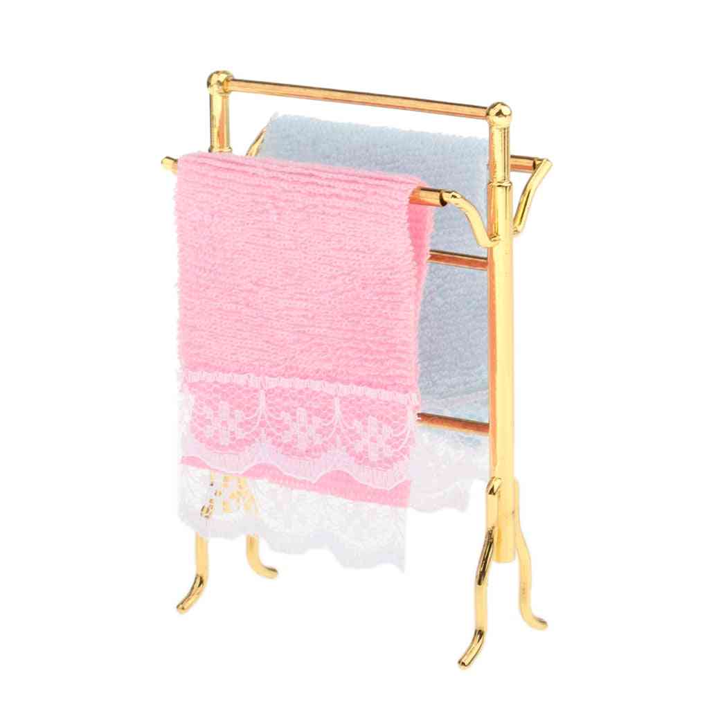 Dollhouse Miniature Golden Towel Rack And 2 Towels