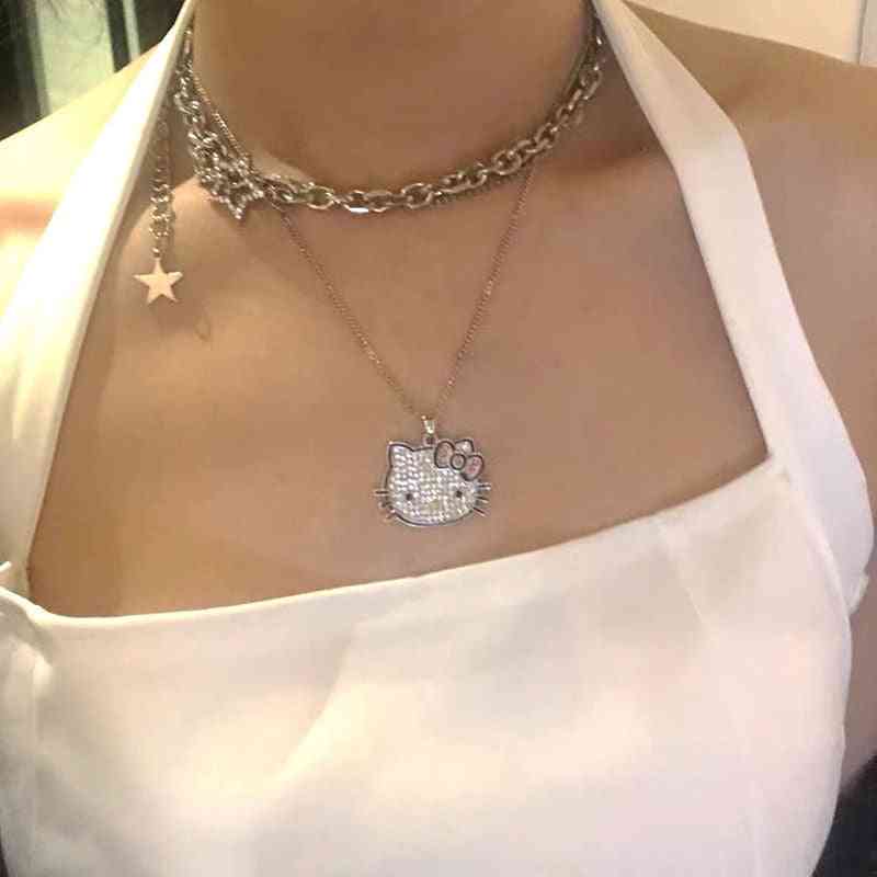 Fashion Hello Alloy Silver Kittyed Cat Necklace With Chain Crystals Female