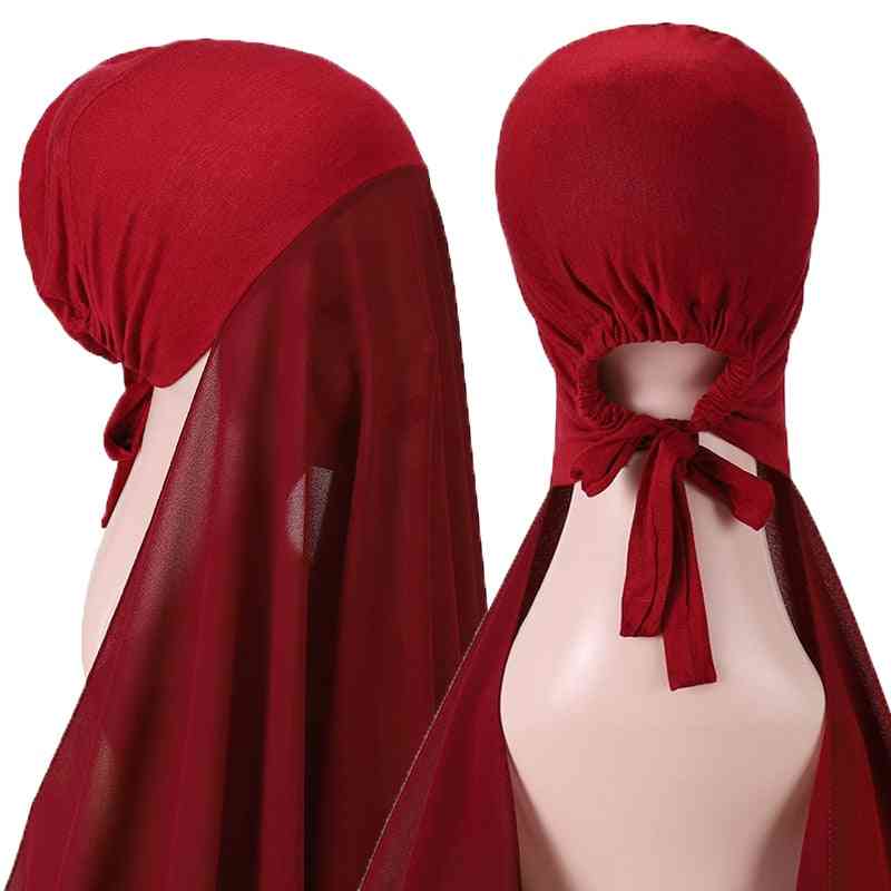 Bubble Solider Color Heavy Chiffon Hijab With Bonnet Elastic Rope