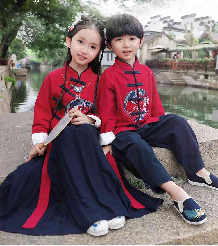Traditional Crane Embroider Kids Clothes Set For Kids