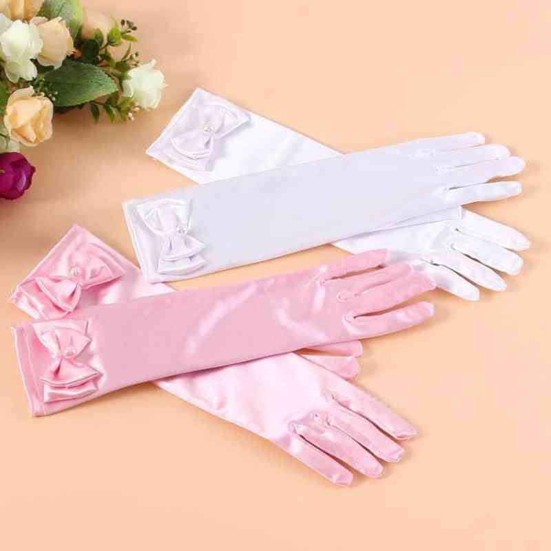 Long Stretch Satin  White Pearl Bow Gloves