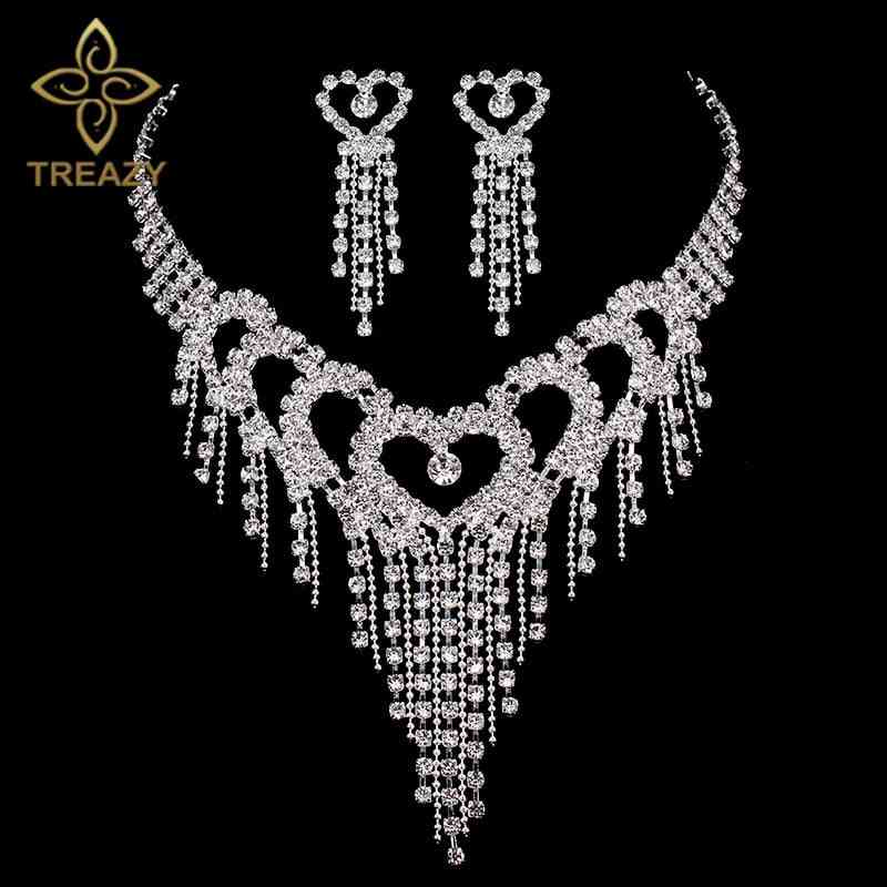 Treazy luksus sølv farve krystal choker halskæde øreringe smykke sæt til kvinder hjerte kvaster brude bryllup smykke sæt