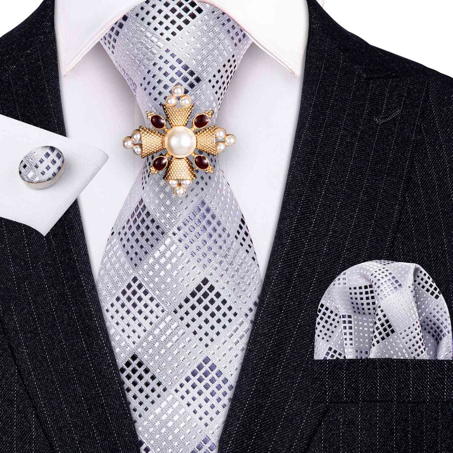 Grå rutete silke slips brosjer menn bryllup slips hanky sett barry.wang 8,5 cm motedesigner slips for menn fest geometrisk